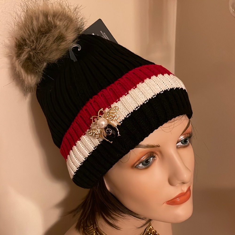 Ribbed knit black striped  beanie hat
